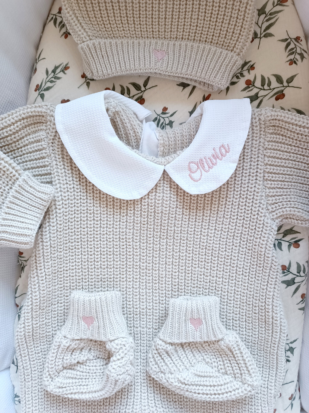 Combinaison maille beige, avec col, 0/3 mois, 3 pièces - personnalisable -