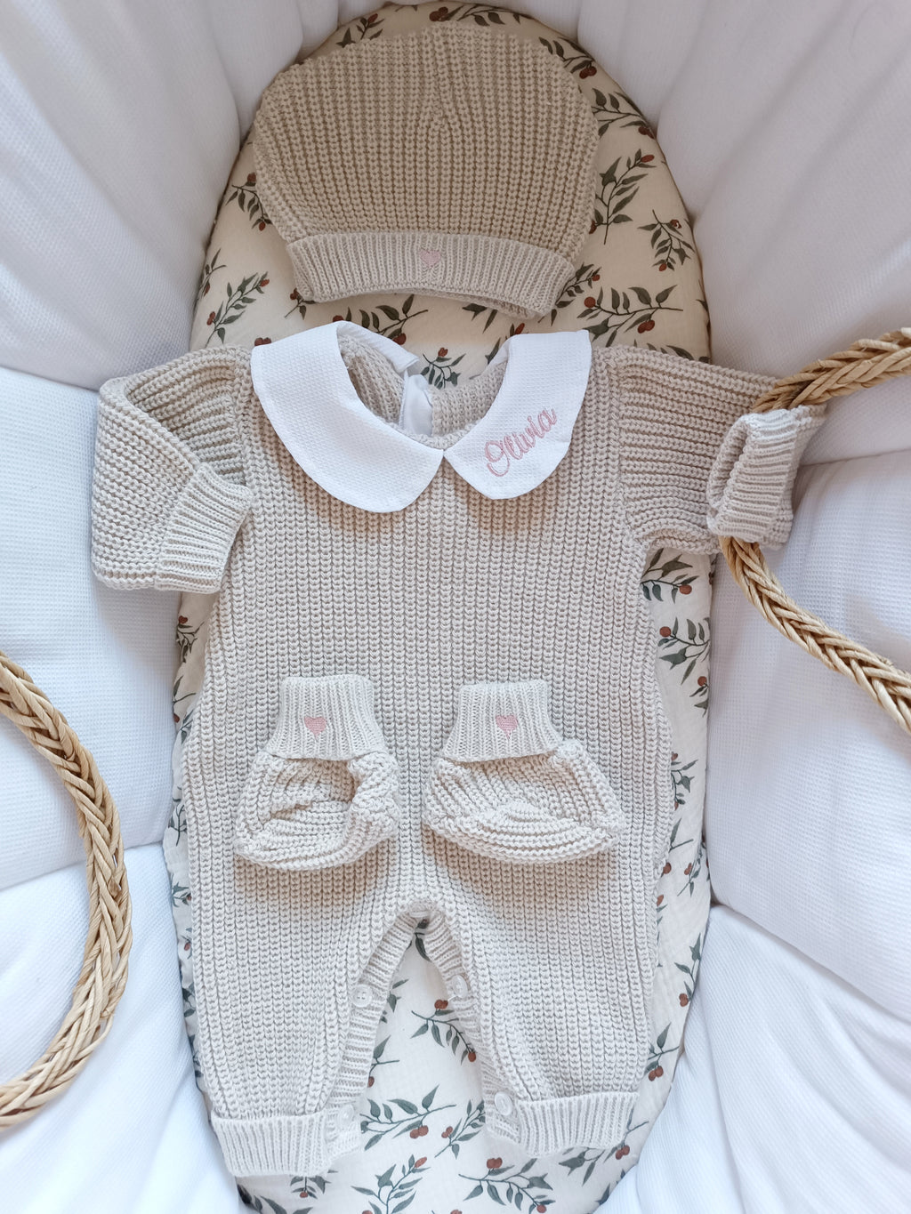 Combinaison maille beige, avec col, 0/3 mois, 3 pièces - personnalisable -