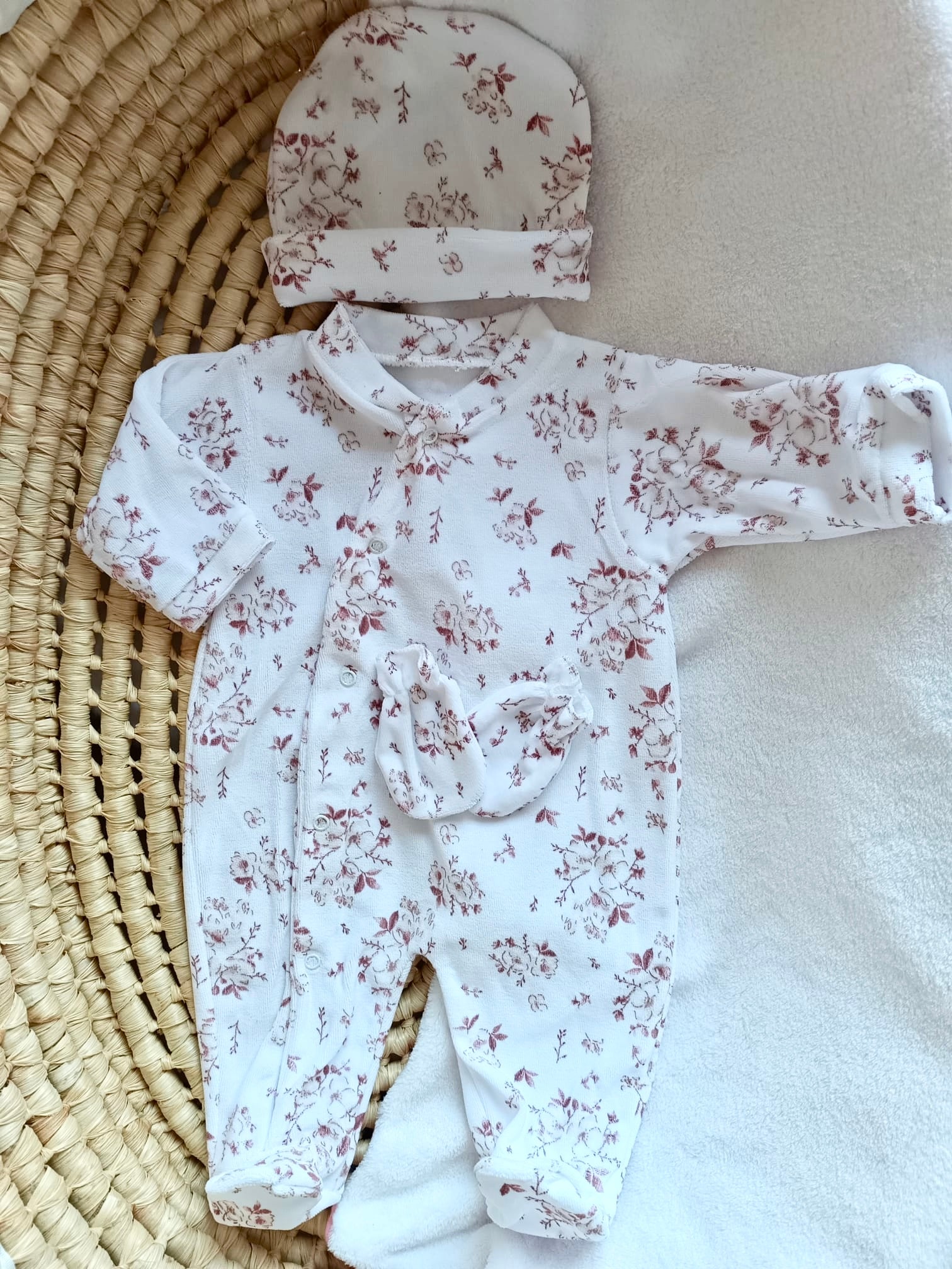 Dors bien velours fleurs de coton tons bordeaux/framboise, 3 pièces