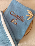 Couverture en gaze de coton et polaire bleu denim - personnalisable -