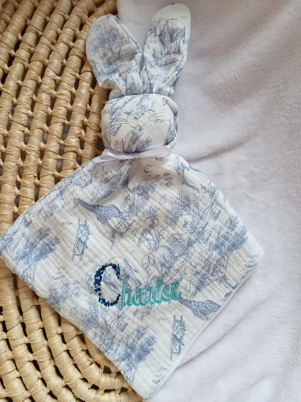 Doudou personnalisé bébé en gaze de coton – Collection Safari