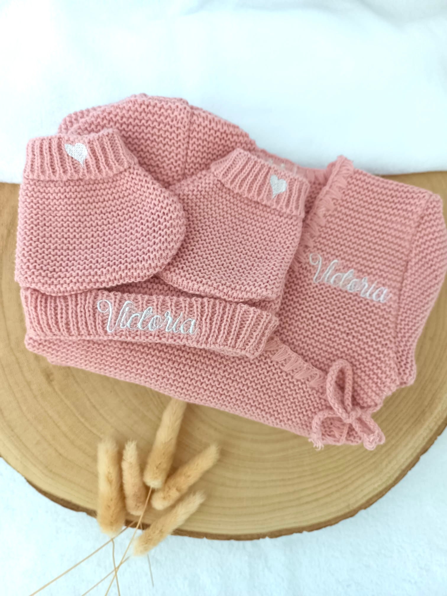Tenue naissance 0/3 mois en maille vieux rose - personnalisable