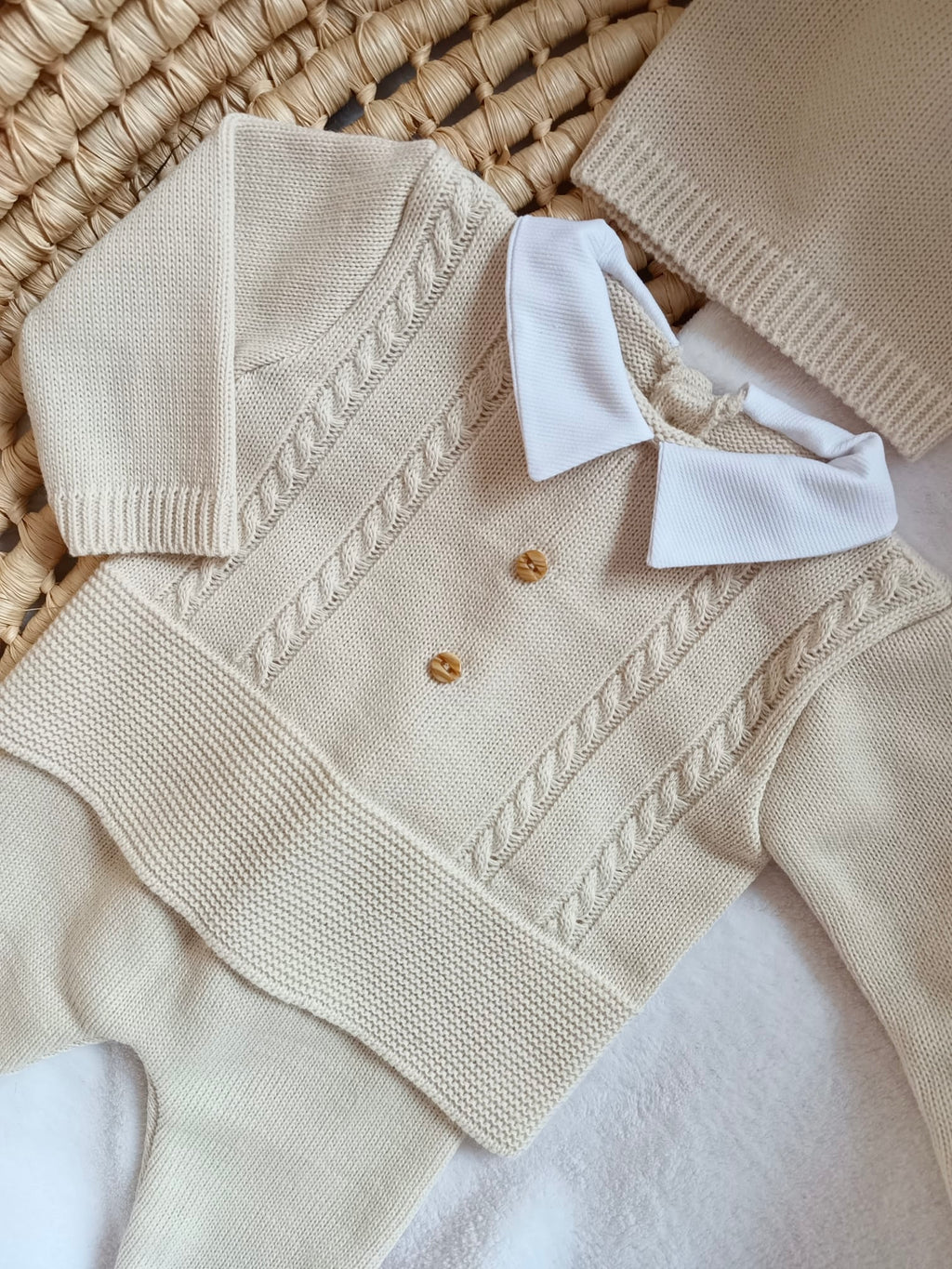 Ensemble complet beige boutons bois 0/3 mois