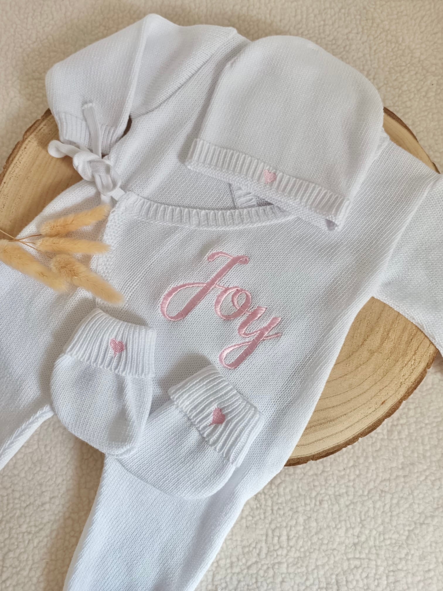 Combinaison blanche 100% coton, 3 pièces, 0/3 mois - personnalisable -
