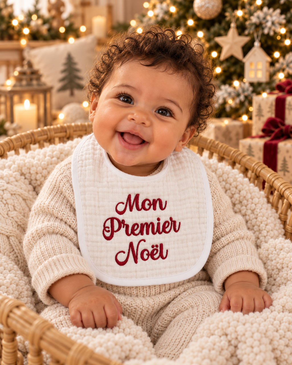 Bavoir bébé brodé – Mon premier Noël 2026