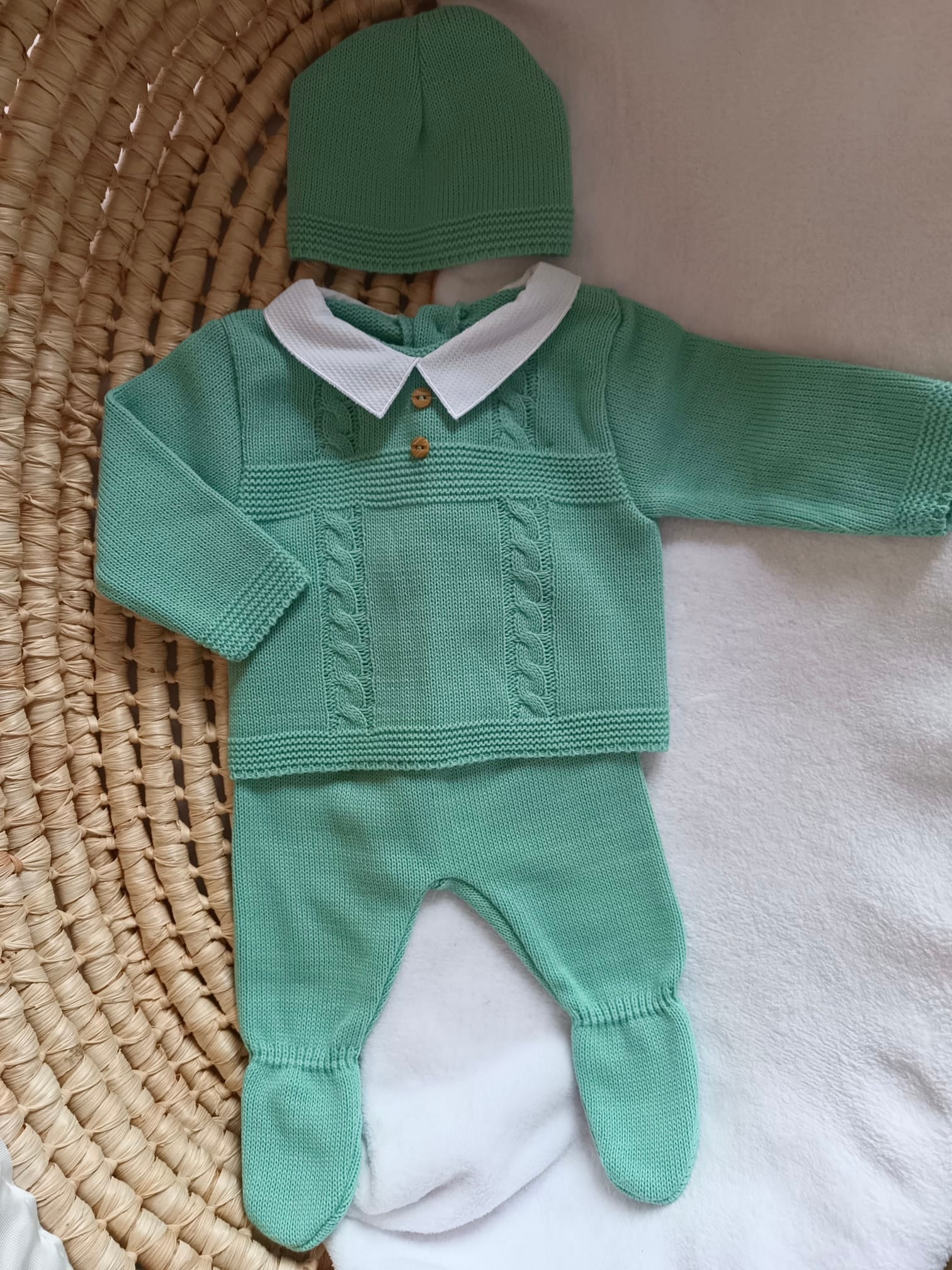 Ensemble complet vert boutons bois 0/3 mois