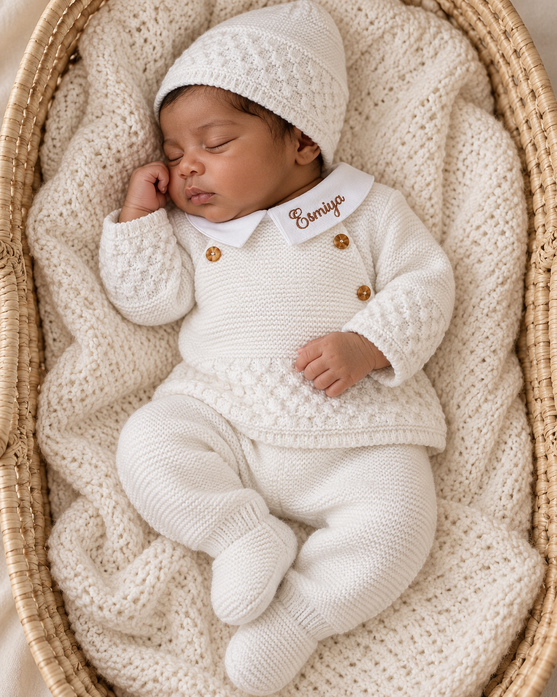 Ensemble naissance en maille personnalisé - Petit Trésor