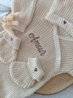 Combinaison maille beige, croisé, 0/3 mois, 3 pièces - personnalisable - 100% coton