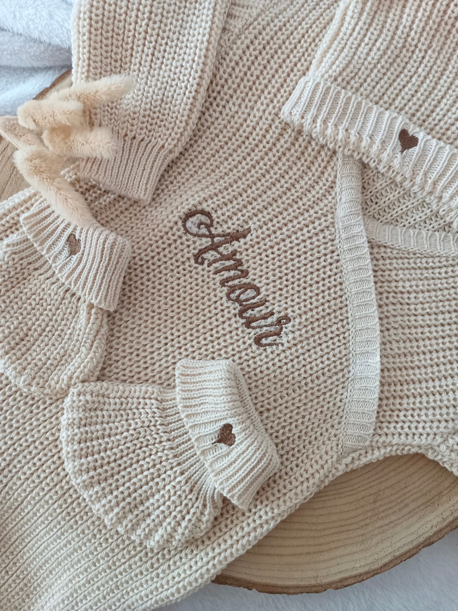 Combinaison maille beige, croisé, 0/3 mois, 3 pièces - personnalisable - 100% coton