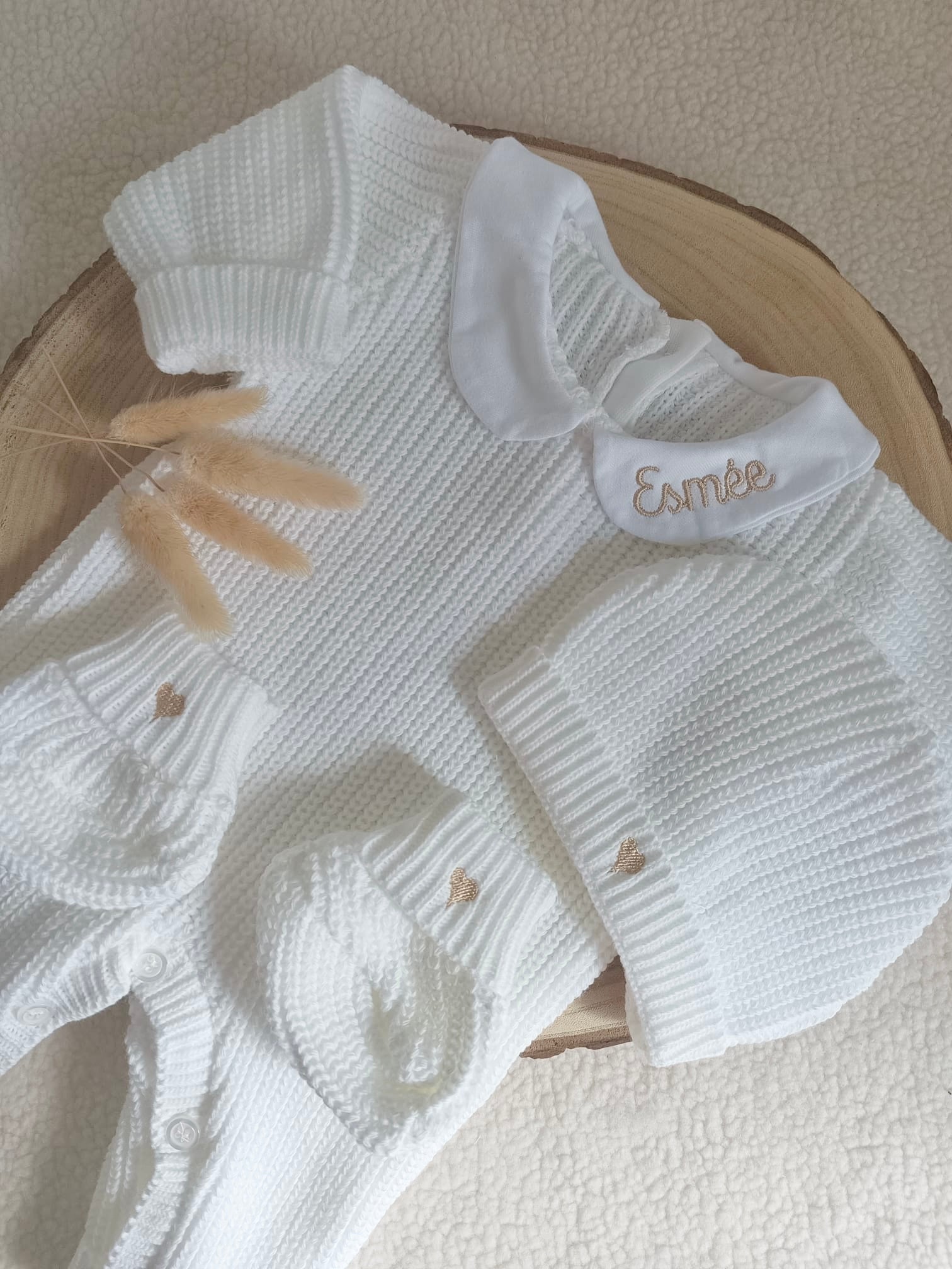 Combinaison maille blanc avec col blanc - 0/3 mois - personnalisable
