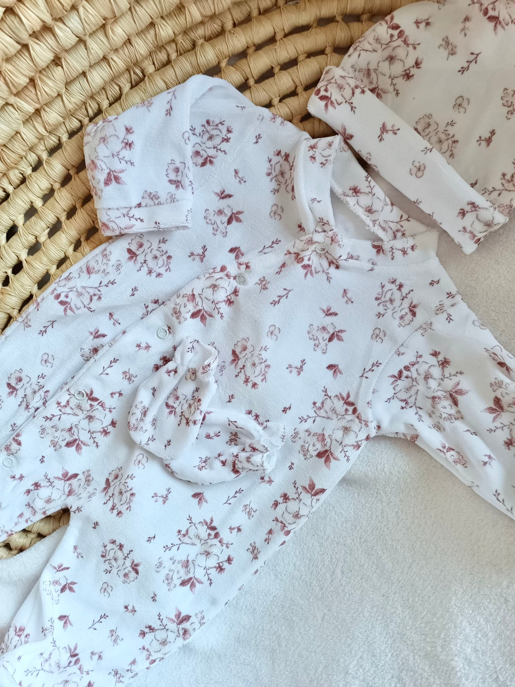 Dors bien velours fleurs de coton tons bordeaux/framboise, 3 pièces