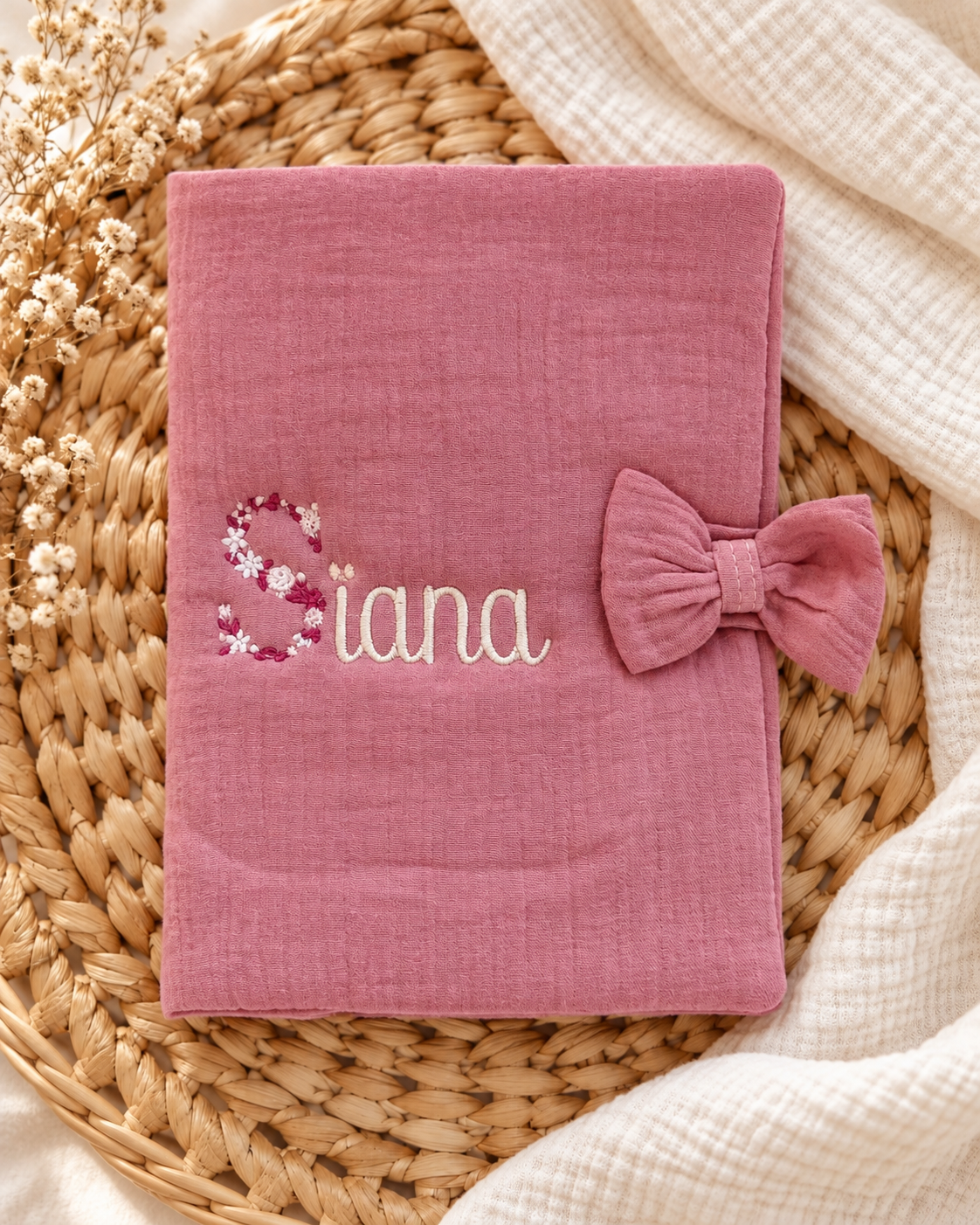 Protège carnet de santé personnalisé bébé en gaze de coton – Avec nœud