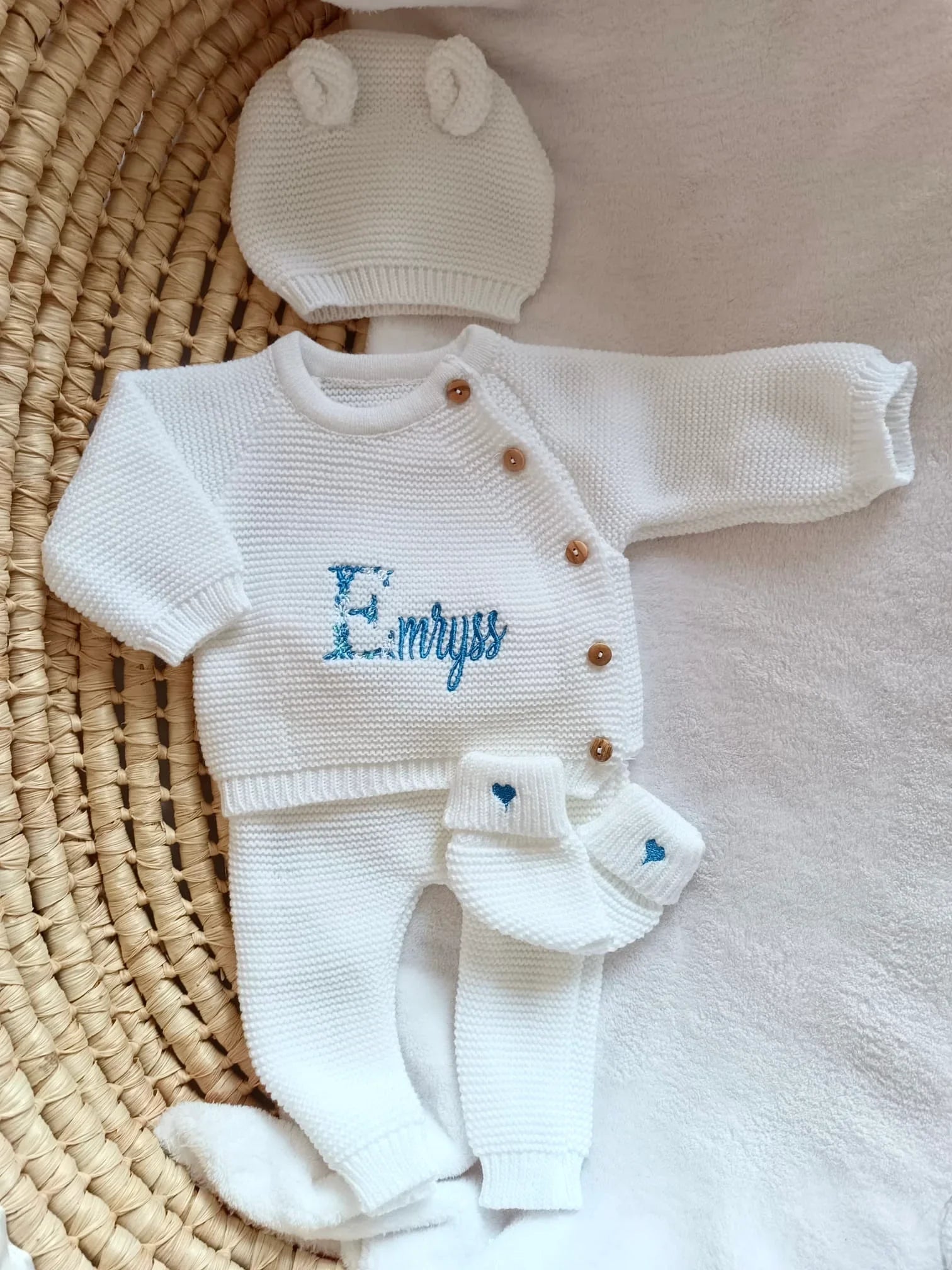 Tenue de naissance personnalisée 4 pièces bonnet oreilles ours – 0-3 mois