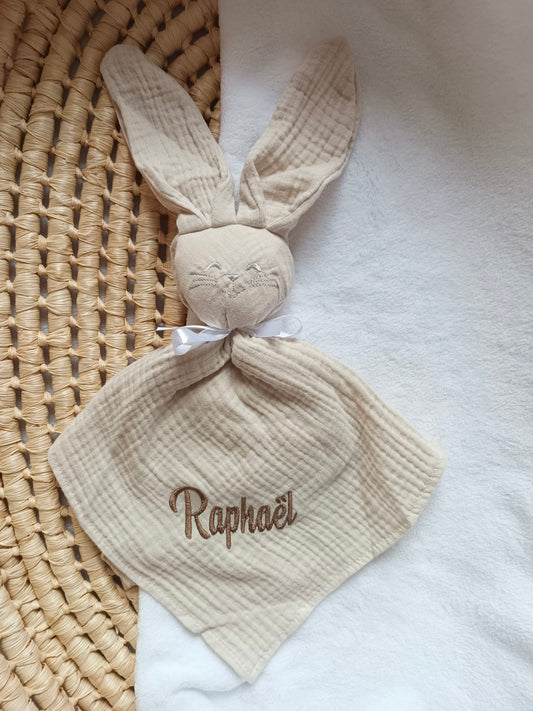 Doudou lapin en gaze de coton beige