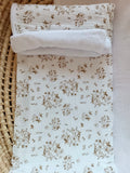 Couverture en gaze de coton et polaire fleurs de coton tons beige/marron