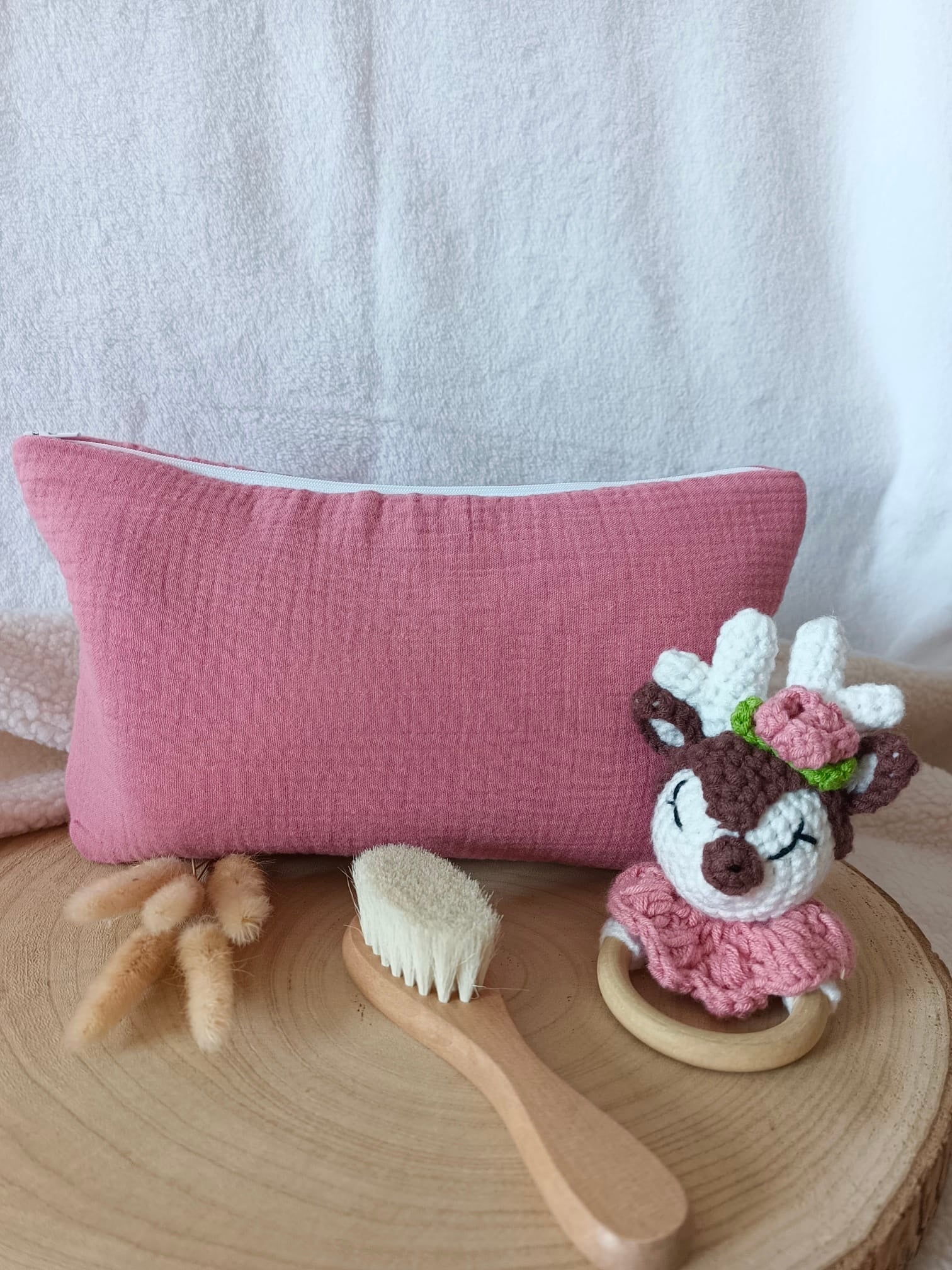 Trousse en gaze de coton framboise - personnalisable -