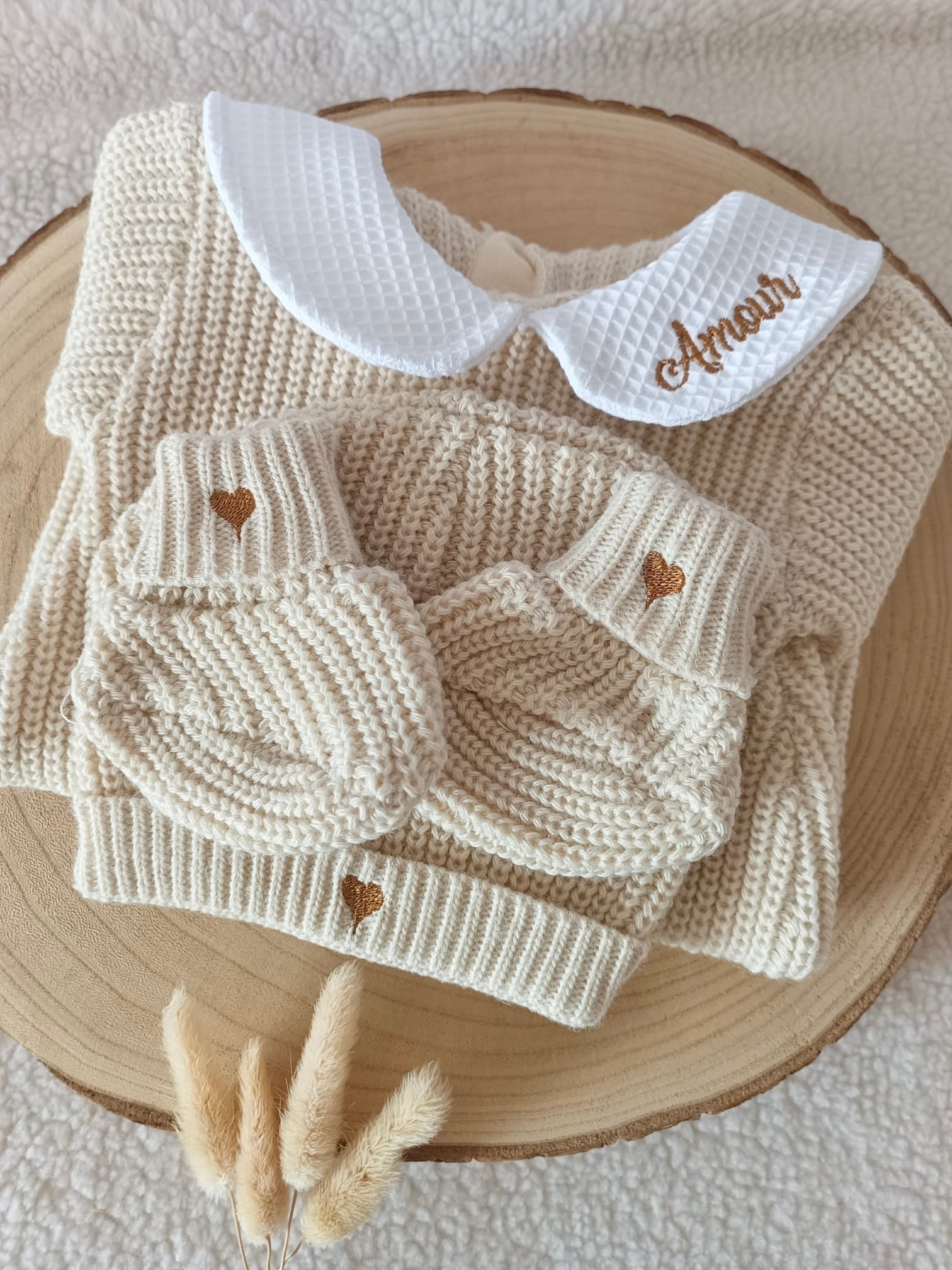 Combinaison maille beige, avec col, 0/3 mois, 3 pièces - personnalisable -