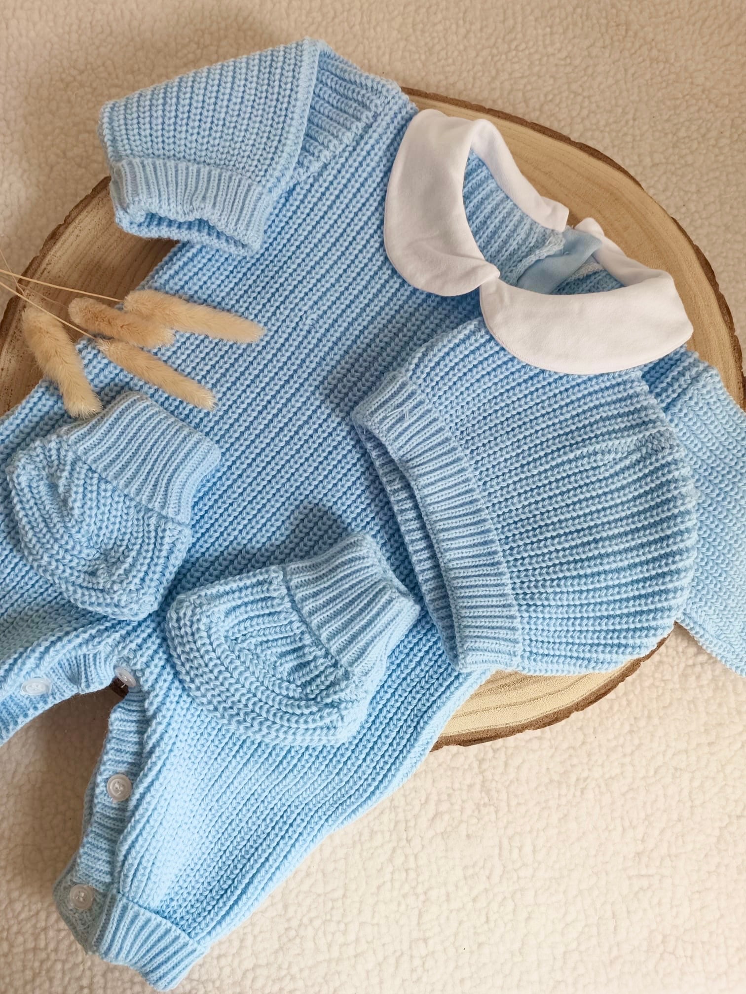 Combinaison maille bleu ciel avec col blanc - 0/3 mois - personnalisable