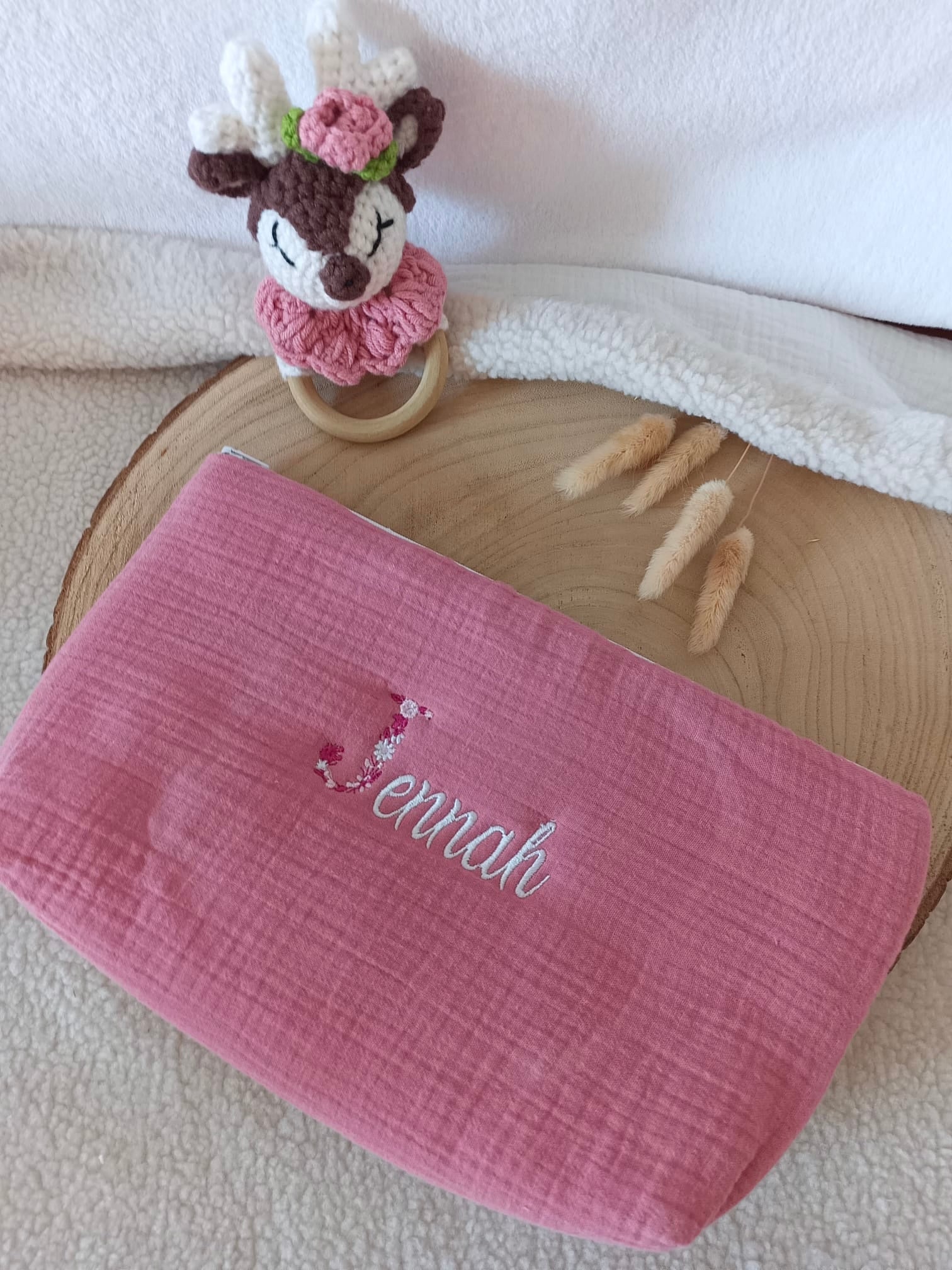 Trousse en gaze de coton framboise - personnalisable -