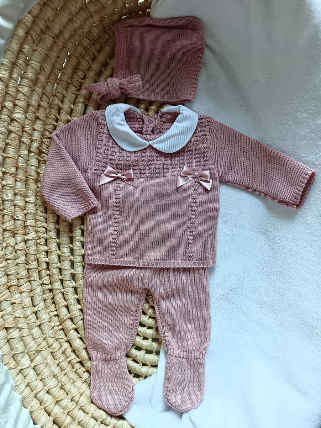 Ensemble complet vieux rose avec 2 nœuds satiné vieux rose 0/3 mois