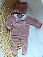 Ensemble complet vieux rose avec 2 nœuds satiné vieux rose 0/3 mois