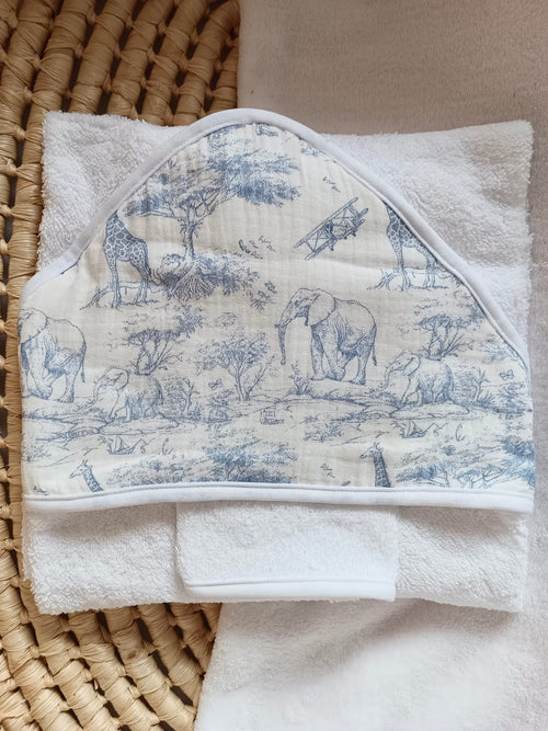 Cape de bain en gaze de coton safari bleuté- personnalisable -