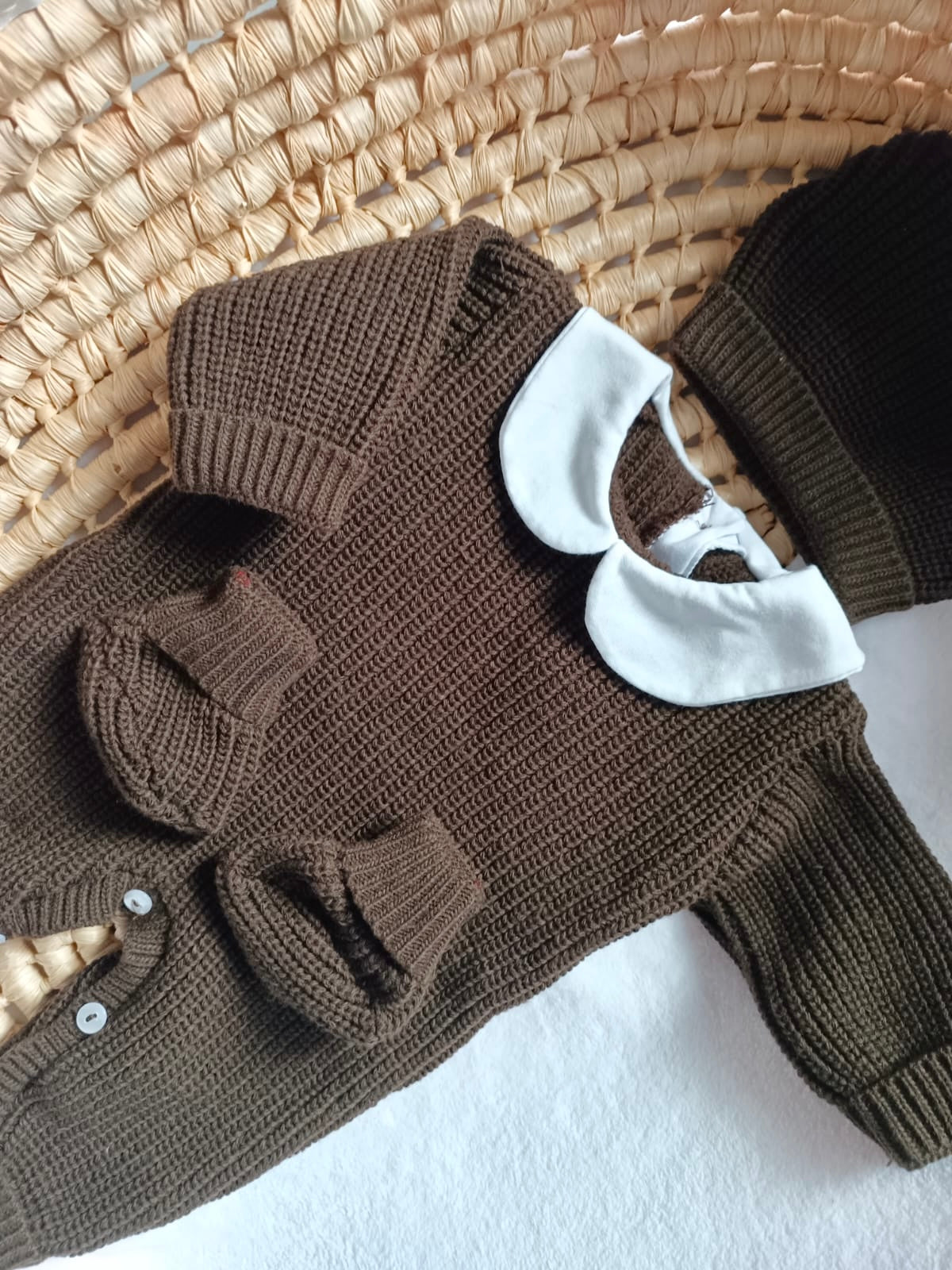 Combinaison maille marron avec col blanc - 0/3 mois - personnalisable