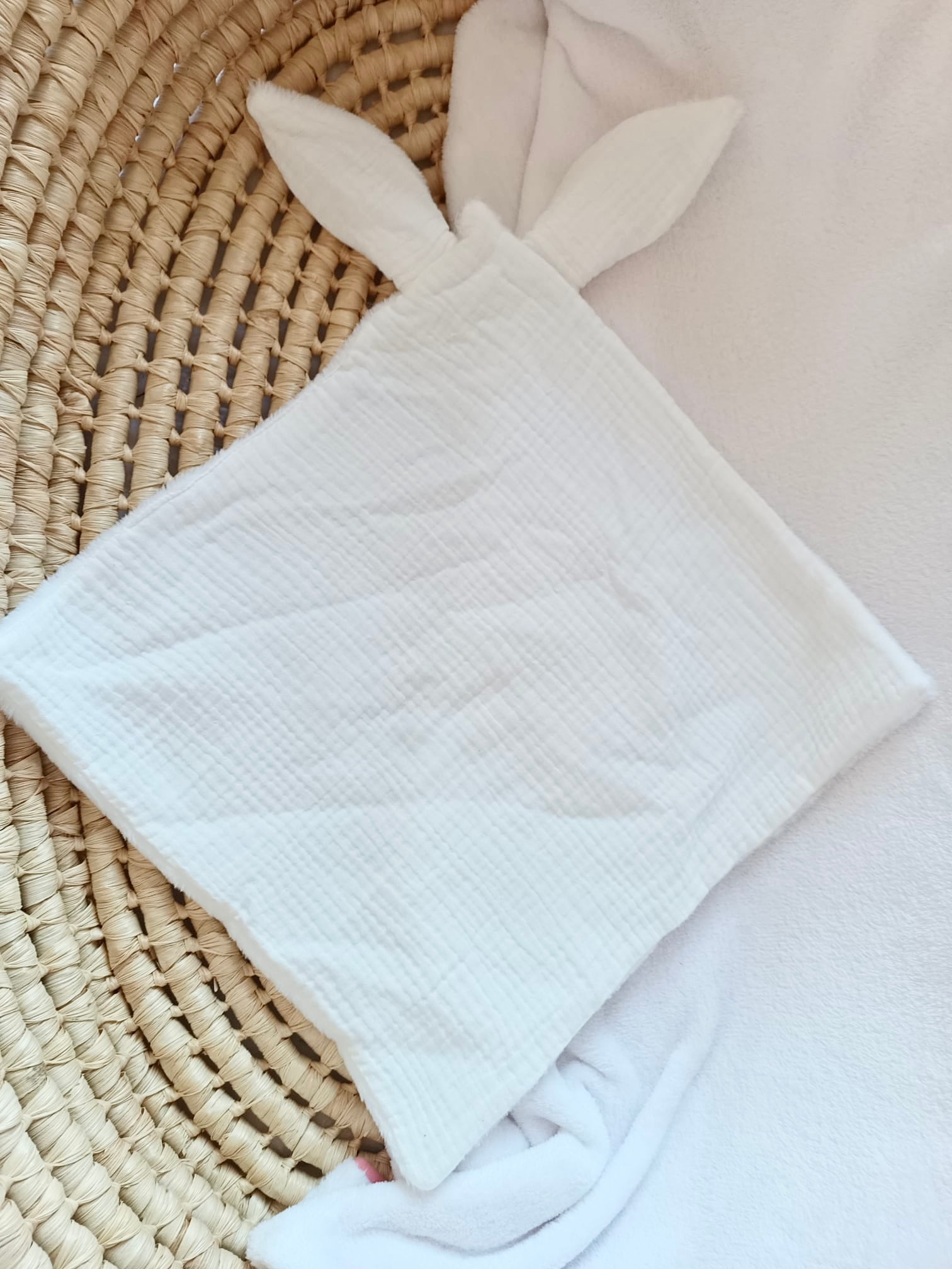 Doudou lange gaze de coton et polaire - blanc - personnalisable -