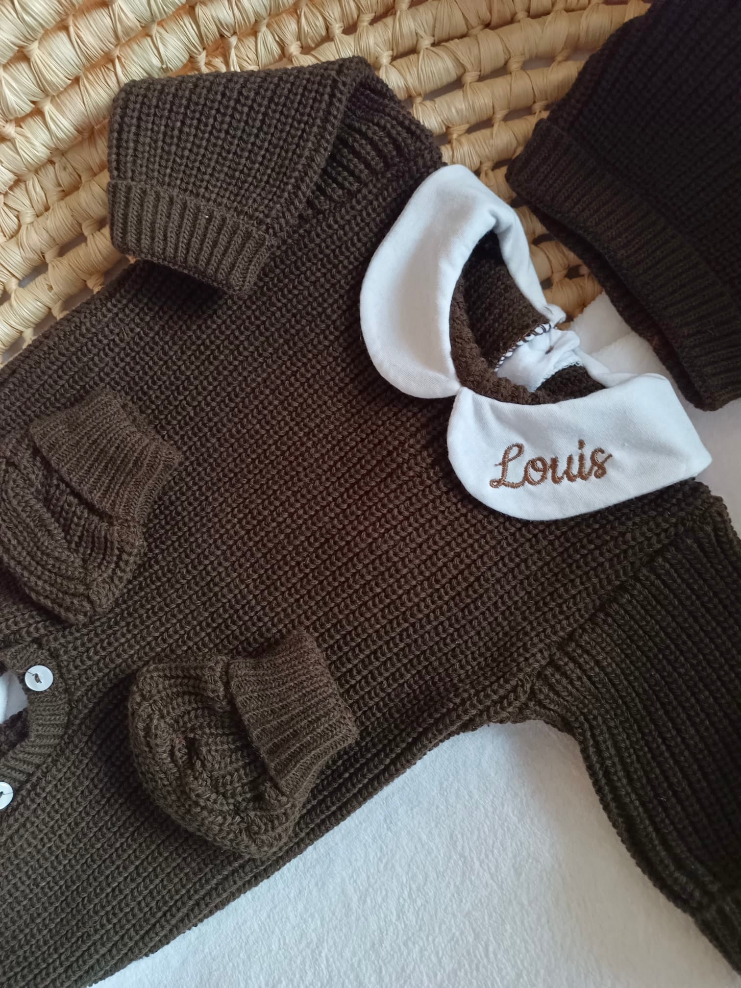 Combinaison maille marron avec col blanc - 0/3 mois - personnalisable
