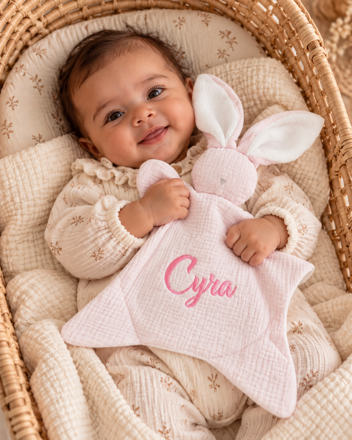 Doudou lapin personnalisé bébé en gaze de coton