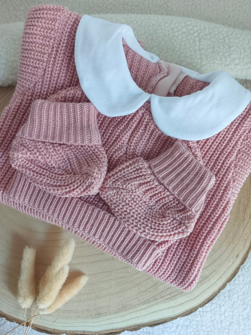 Combinaison maille vieux rose avec col blanc - 0/3 mois - personnalisable