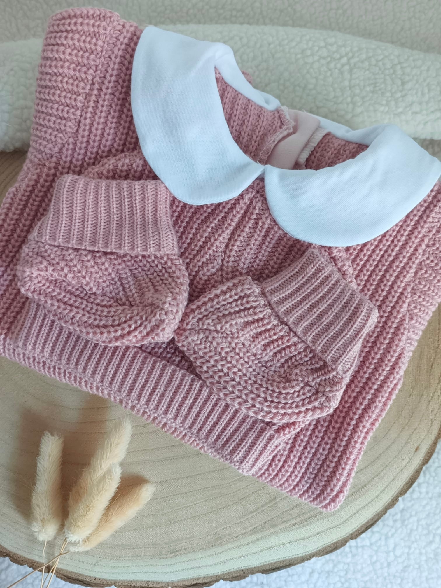 Combinaison maille vieux rose avec col blanc - 0/3 mois - personnalisable