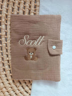 Protège carnet de santé en gaze de coton marron - personnalisable -