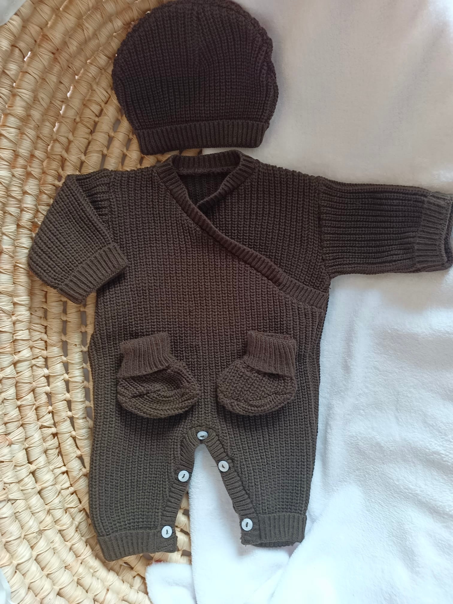 Combinaison maille marron, croisé, 0/3 mois, 3 pièces - personnalisable -