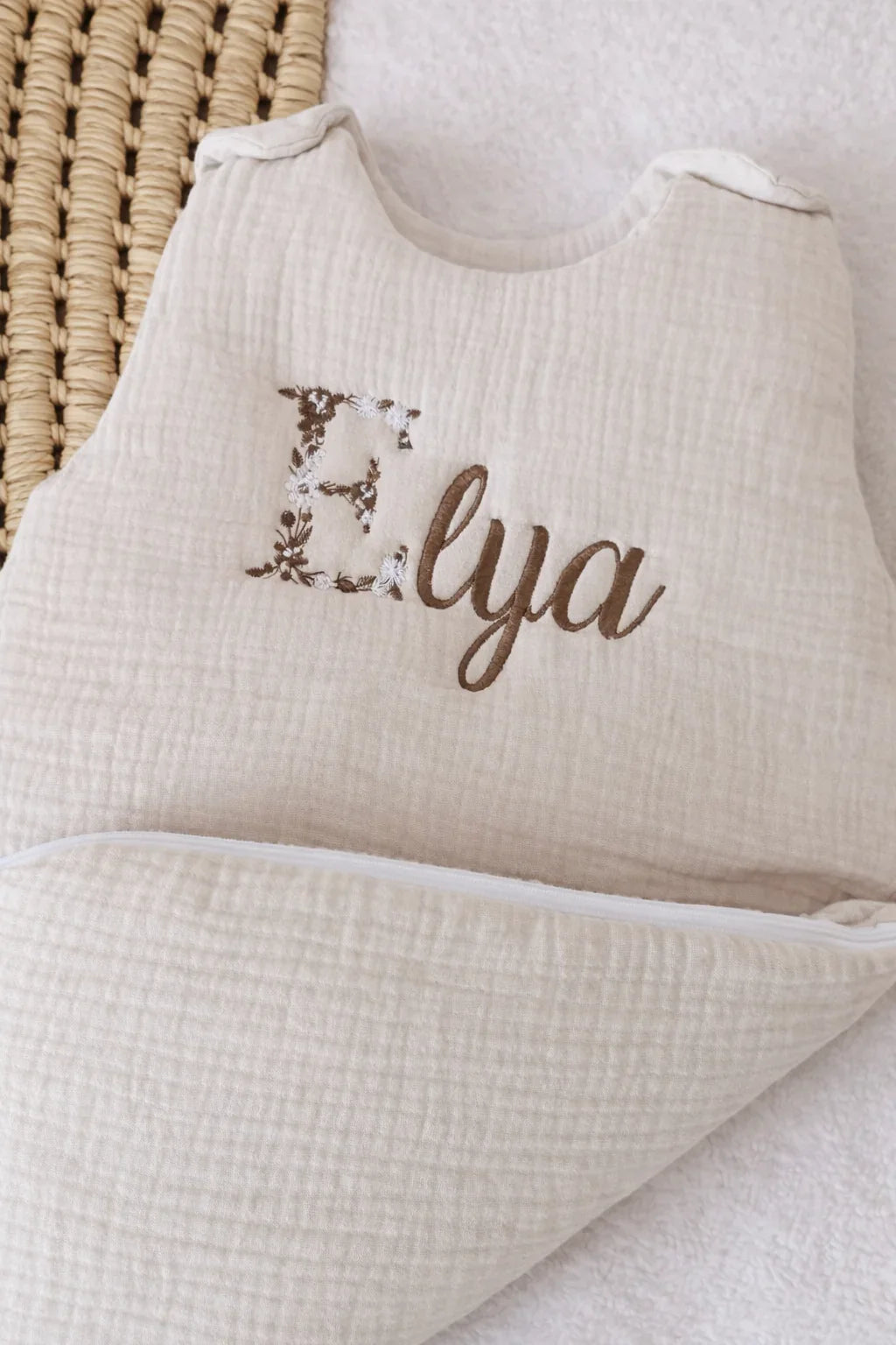 Personalized baby sleeping bag in cotton gauze