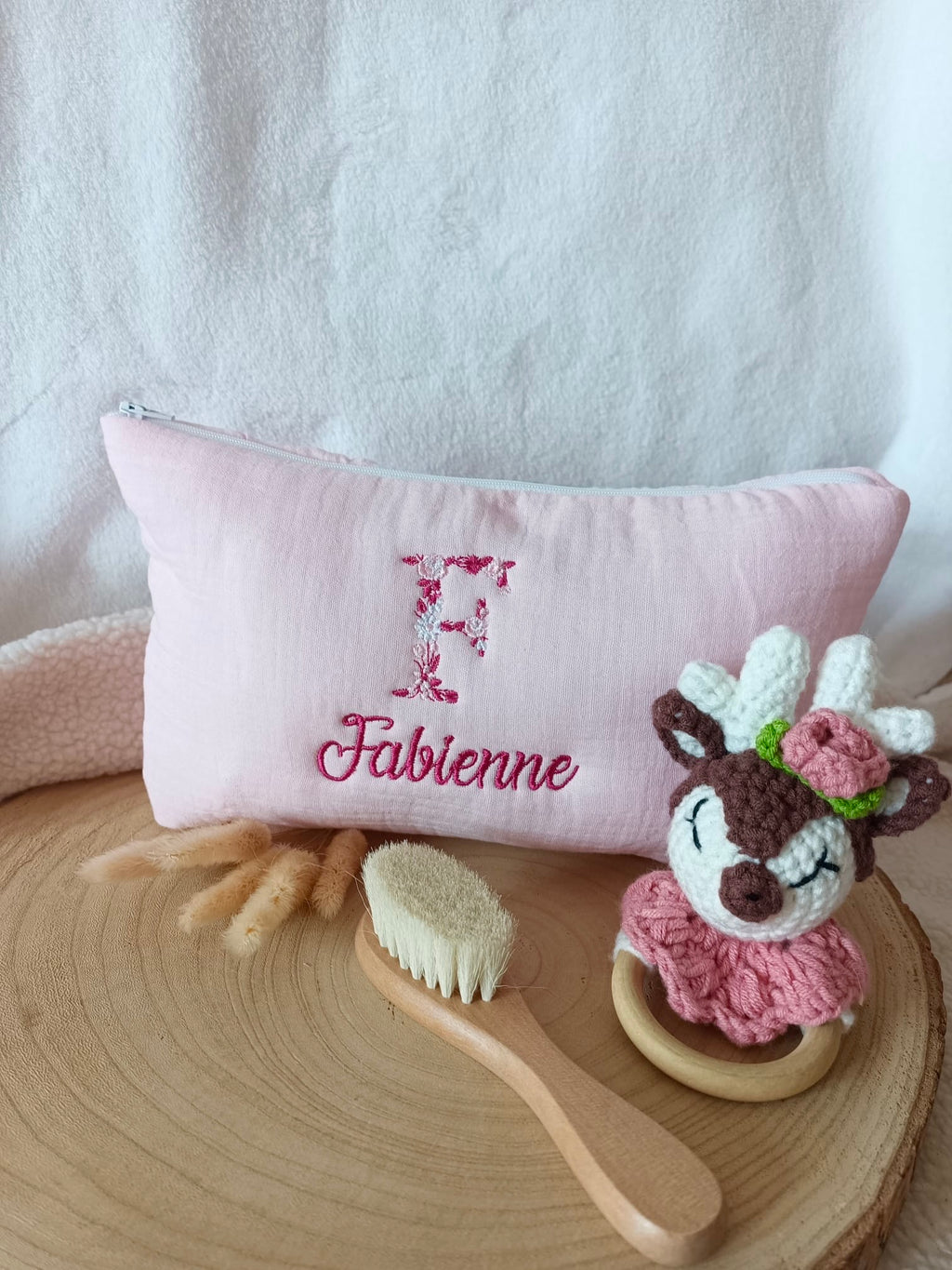 Trousse en gaze de coton rose - personnalisable -