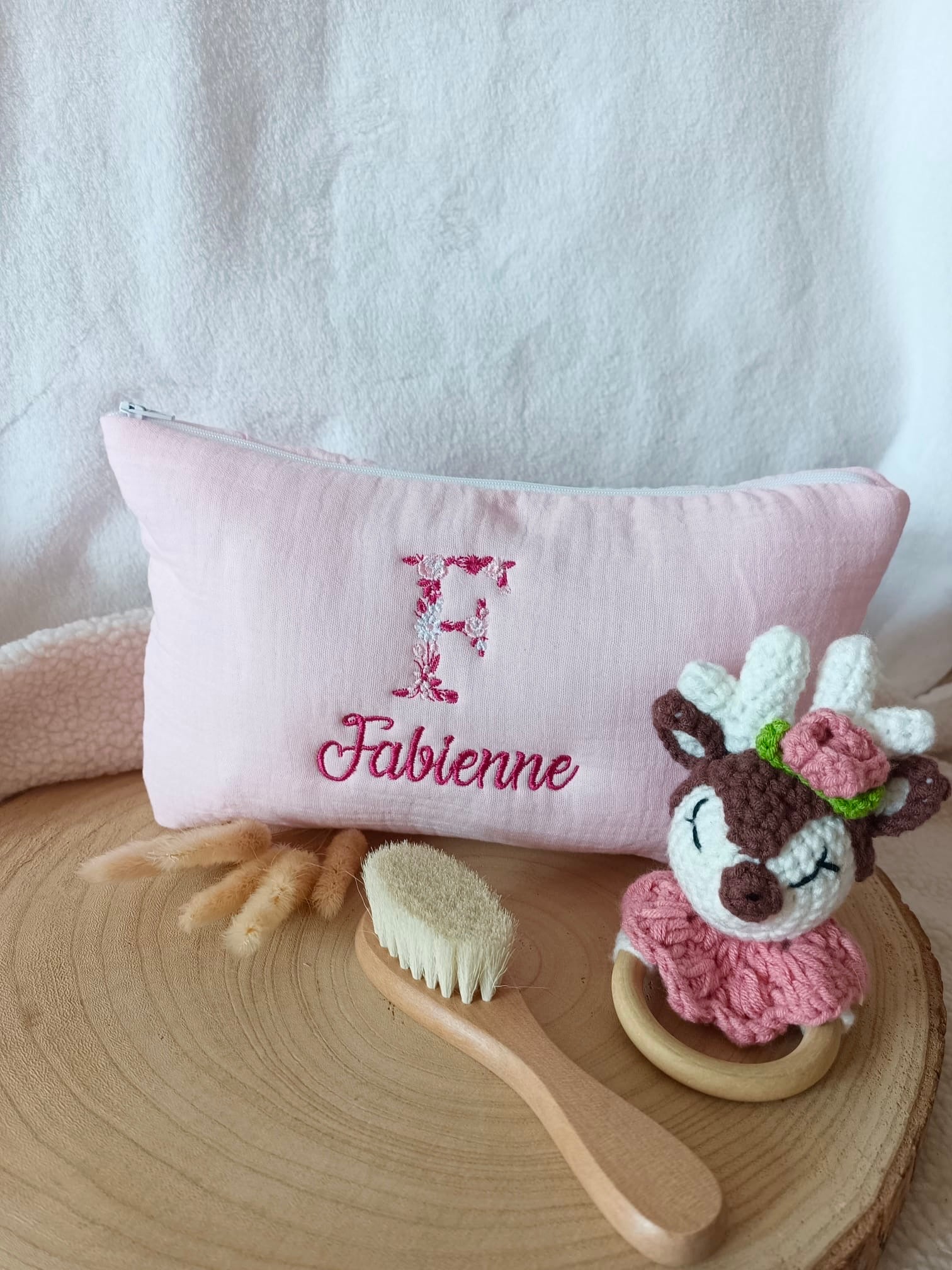 Trousse en gaze de coton rose - personnalisable -