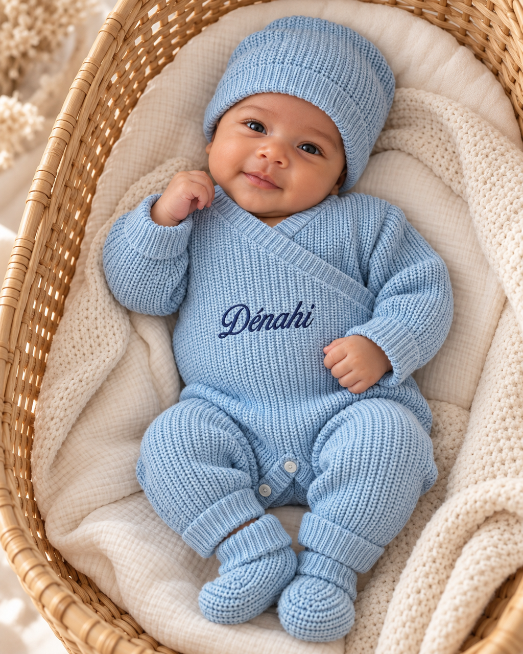 Combinaison naissance personnalisée en maille croisée – ensemble 3 pièces