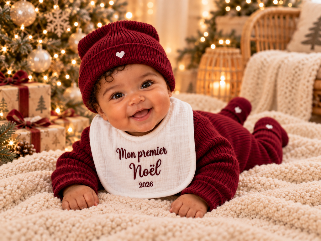 Bavoir bébé brodé – Mon premier Noël 2026