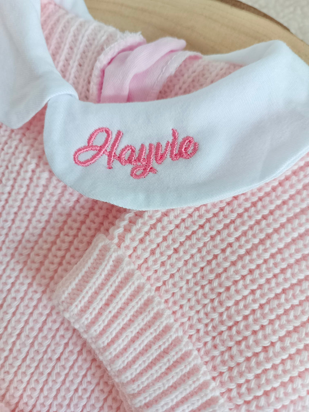 Combinaison maille rose avec col blanc - 0/3 mois - personnalisable