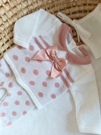 Ensemble complet blanc motifs vieux rose pois/noeud 0/3 mois