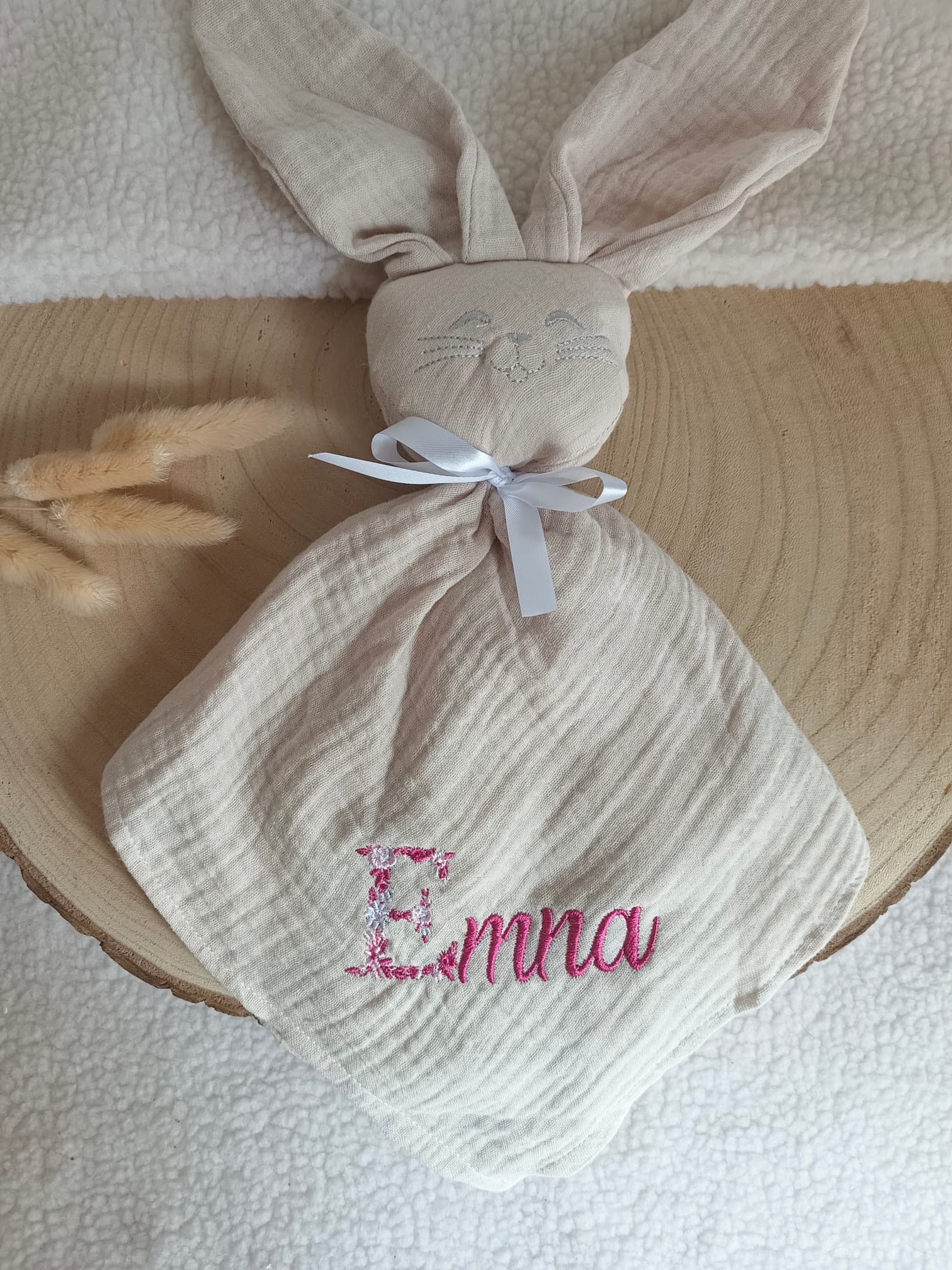 Doudou lapin en gaze de coton beige