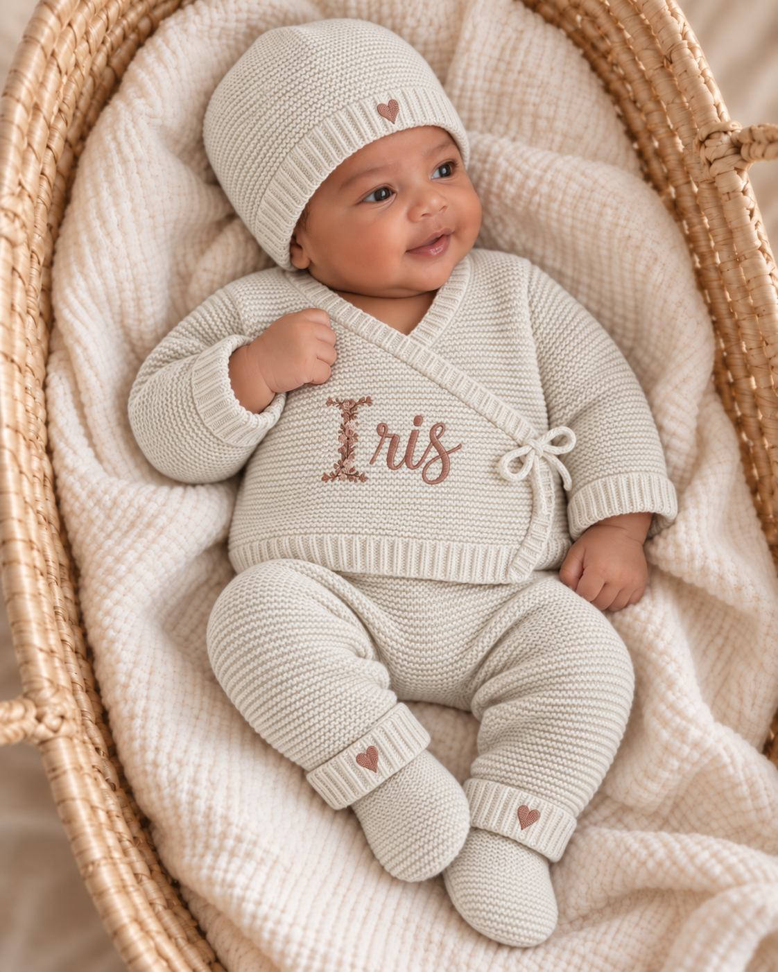 Ensemble naissance personnalisé 4 pièces en maille – lettre fleurie