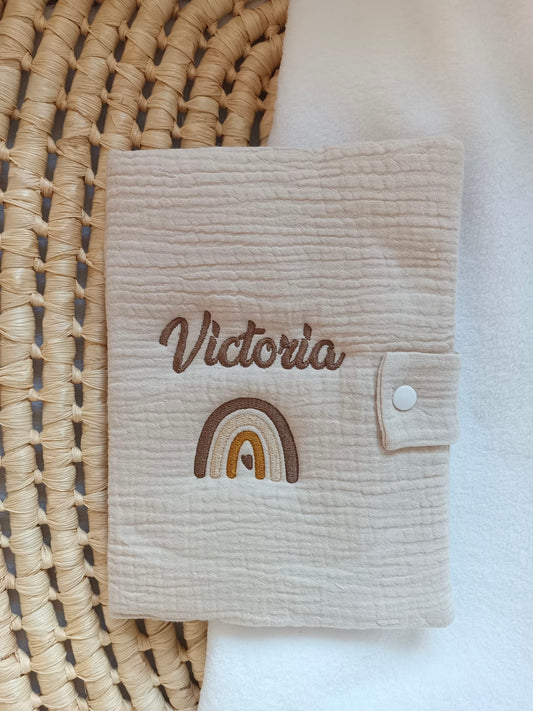 Protège carnet de santé en gaze de coton beige - personnalisable -