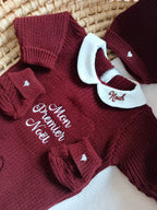 Combinaison maille MON PREMIER NOËL avec col blanc + COEURS + PRENOM - 0/3 mois - 3/6mois et 9/12 mois - personnalisable - Plusieurs couleurs