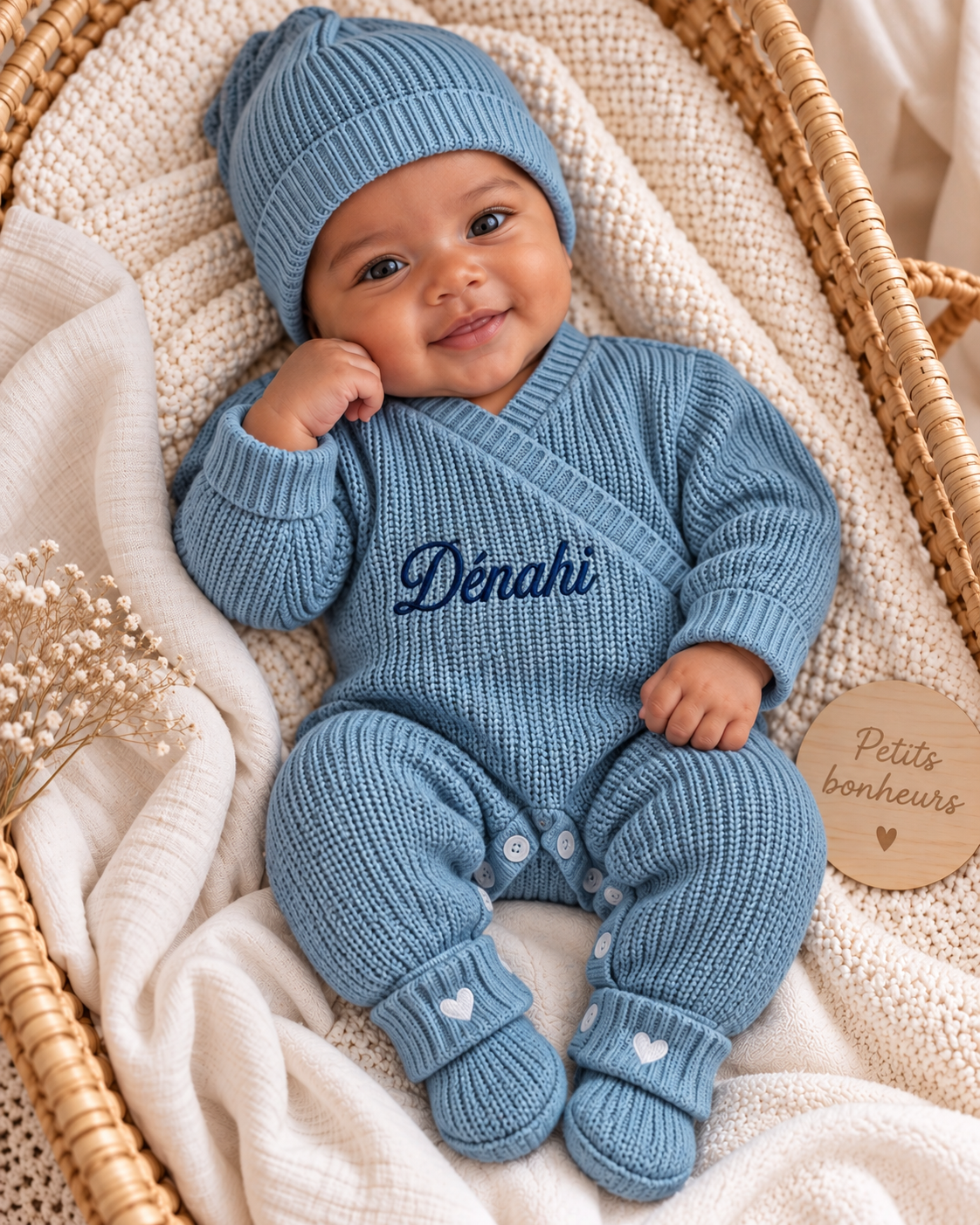Combinaison naissance personnalisée en maille croisée – ensemble 3 pièces