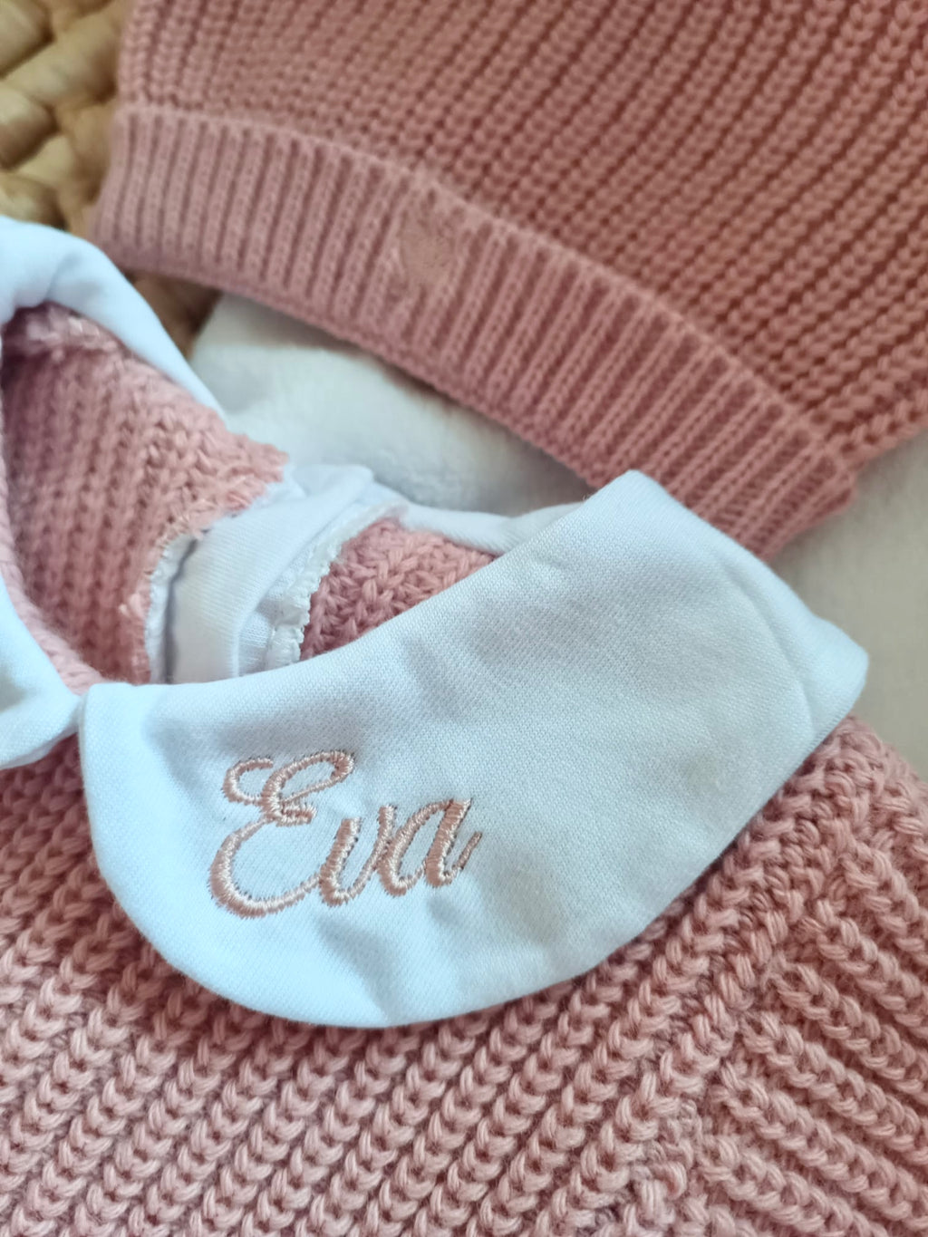 Combinaison maille vieux rose avec col blanc - 0/3 mois - personnalisable
