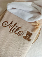Couverture en gaze de coton et polaire beige - personnalisable -