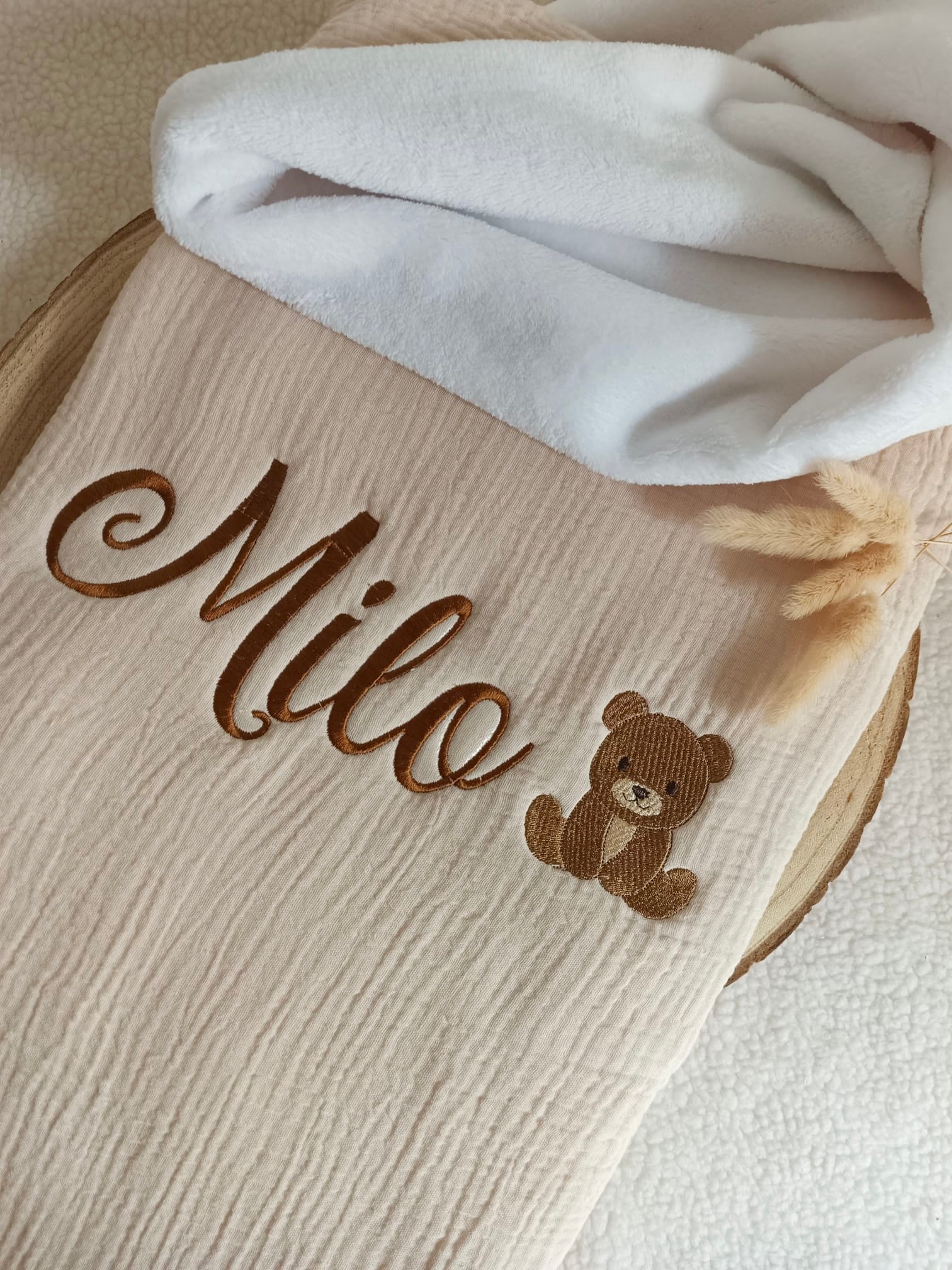 Couverture en gaze de coton et polaire beige - personnalisable -