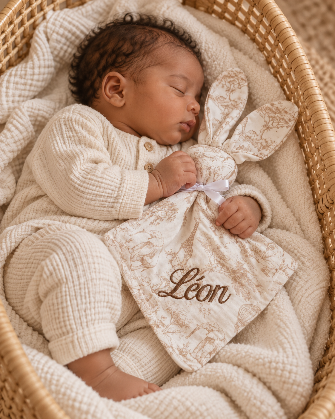 Doudou personnalisé bébé en gaze de coton – Collection Safari